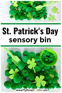 Shamrock Sensory Bin Celebrate St. Patrick’s Day with a colorful shamrock sensory bin kids will love. This sensory bin is easy to put together with pompoms and foam shamrocks. Toddlers and preschoolers can engage in sensory play and color recognition with this holiday sensory bin.