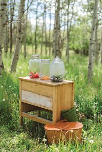 Drink station for your summer wedding. outdoor dining // wedding reception // long table dinner v// farmhouse chairs // eclectic decor // eclectic wedding decor // boho wedding // boho wedding design // outdoor wedding dinner // drink station // summer wedding ideas ~ #outdoorweddingdinner #longtabledinner #bohoweddingdesign #summerweddingideas #drinkstation