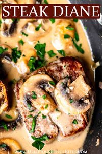 Steak Diane is a classic recipe made with tender sautéed beef and a creamy mushroom sauce. While this dish has a reputation of being more fancy, it's easy enough to make even on busy weeknights. This recipe is naturally gluten free and very low in carbohydrates making it easily adaptable to suit many different diets. | #steakdiane #steak #beef #steakdinner #onepanmeal