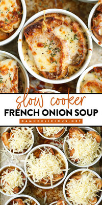 This hearty soup is a warm dinner idea in the crockpot! Served with cheesy bread slices on top, this Slow Cooker French Onion Soup  is a delicious winter dish. Definitely one of the best comfort food recipes!