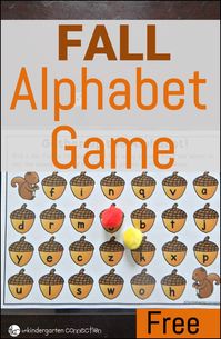 FREE Fall Alphabet Game for kindergarteners. A fun activity that lets students practice upper and lower case letter recognition and letter sounds. Perfect activity for a fall themed unit or a literacy center. #freeliteracycenters #fallcativities #acornthemedactivity #alphabetgame