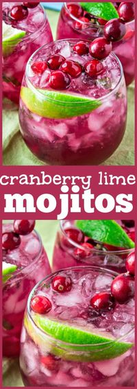 Cranberry Lime Mojitos - A festive twist on this classic drink. Mint, sugar, lime, cranberry juice, and rum come together to make this yummy drink that perfectly highlights the winter flavor of cranberry but can be made all year long!