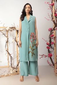 Buy Blue Viscose Crepe Embroidery Floral Notched Serena Blazer And Pant Set For Women by Nayantara Couture Online at Aza Fashions.