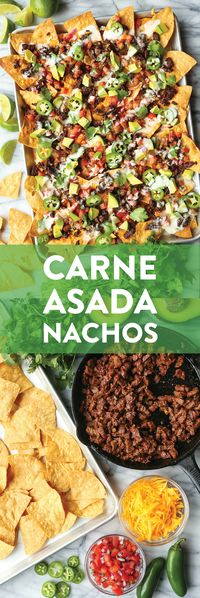 Carne Asada Nachos - BEST NACHOS EVER! Loaded with the easiest, most tender carne asada, sharp cheddar, pico de gallo, avocado, jalapeno + drizzle of queso!