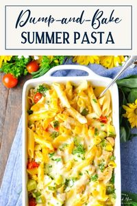 I think that I managed to pack all of the season's best veggies and herbs into one cheesy casserole! This dump-and-bake summer pasta is loaded with zucchini, corn, tomatoes, fresh basil, and tender chicken. You don't even have to boil the pasta for this fresh, healthy, and easy dinner! Just stir the ingredients together in one dish and pop it in the oven!