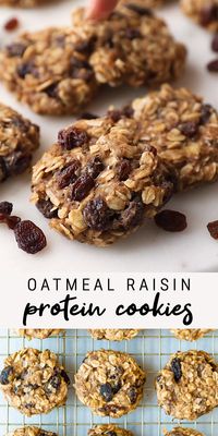 Made without any processed sugar or flour, these oatmeal raisin protein cookies are gluten-free, portable and healthy enough to eat for breakfast. #vegan #glutenfree #oatmealraisin #oatmealcookies