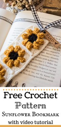 Crochet a sweet sunflower bookmark for a friend or make one for yourself. Get your free pattern and check out the full tutorial! #crochet #freecrochetpattern #grannysquare