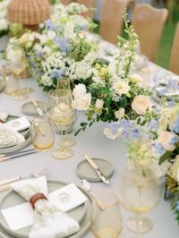 Baby blue and sage green wedding reception table with lavender and white florals | wedding table details, reception table decor, reception details