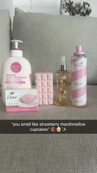 eos strawberry dream lotion , pink dove bar soap , sabrina carpender sweet tooth , body fantasies cupcake swirl , and pink sugar body mist !!! 🧁