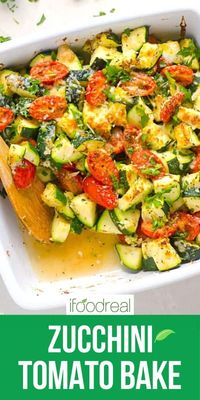 Healthy Zucchini Tomato Casserole with garlic, dried herbs and Parmesan with only 5 minutes of prep. Serve as a low carb side dish or add cooked chicken for a 30 minute dinner. A winning combination of flavors!