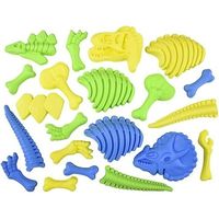 INCLUDES 1 SET WITH 21 SAND MOLD PIECES - Hit the beach or sandbox for some fun in the sun! This Set is the perfect tool kit for kids who love to play in the sand. This set has 21 hard plastic sand mold pieces that are shaped as dinosaur bones. Create your own dinosaur fossils in the sand or with any other moldable doh. Pieces are color coded and makes 3 dinosaurs at the same time so 3 kids can play with one set. You can make a stegosaurus, triceratops, and a T rex. Bone pieces are quite large.