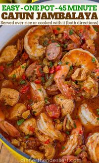 Easy Jambalaya made with Chicken, Shrimp and Andouille Sausage in under 45 minutes. Served over rice or rice cooked with the jambalaya for one pot meal. | #jambalaya #cajun #cajunrecipes #dinnerthendesert #onepot #easyrecipes #stew #shrimp #sausage #chicken #dinner #weeknight #quickrecipes