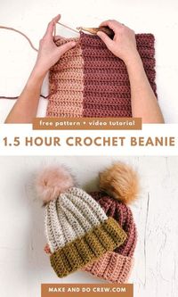 Crochet a cute and cozy beanie in just 1.5 hours! This free chunky crochet beanie pattern from Make and Do Crew is perfect for beginners. In this free pattern and video tutorial, you'll learn how to crochet a ribbed hat and you'll love wearing it to the ski slopes or just running errands. The simple rectangle design makes it a quick crochet project. Perfect for small crochet gifts or a stylish addition to your winter hat collection.