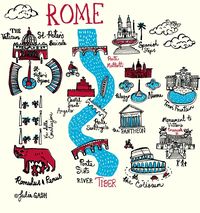 The River Tiber winds its way through Julia's Cityscape of Rome, the aqua blue waters traversed by three beautifully, arched bridges that have become so much part of the artist's handwriting. Rome's distinctive, architectual heritage attracts tourists from all over the world and Julia's illustration of the city...