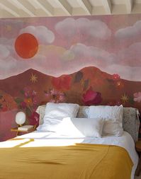 Overview This panoramic decor, originally painted by French artist Jenne Pineau, is all about stars and flowers. The warm hues of intense pigments summons a vibrant horizon and the hills are alive with the sweet perfume of flowers. Let the sun shine in... Measurements•Each roll is available in a pack of 3 or 6 panels, each 23.6" x 110.2" W• Repeat: this is a stand alone mural Additional Notes • Printed to order, 2-3 week lead time. • 147g/sq.m. eco-certified inks (Greenguard), A+. flame retardan