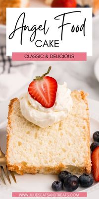 Delicious, classic Homemade Angel Food Cake recipe that you will love! It comes out perfect every time and is worth making it from scratch. The texture and flavor is out of this world. Grab your strawberries and whipped cream to top it off! #julieseatsandtreats #angelfood #angelfoodcake #cake #recipe #easy  #dessertrecipe