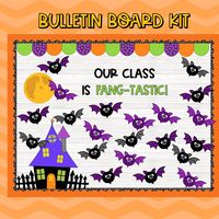 This adorable Bat Themed Halloween bulletin board is a must for the Halloween season! This Halloween bulletin board is so cute and requires very little work. It comes with 3 cute bat designs, full moon, haunted house, 2 sayings (solid and outlined for each), 3 different buntings, and border. This bulletin board is so simple to put together and will save you so much time! With a super cute design, your students and parents will all love this board! Easy to Assemble Super cute! 3 cute bat designs