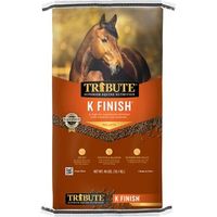 If you need to add fat to your horse’s diet, start feeding him Tribute K Finish High Fat Horse Supplement—specially formulated with a blend of full-fat soybeans, flaxseed and rice bran to provide a 25% high-fat fortified supplement. Suitable for all classes of horses, this pelleted supplement is especially beneficial for hard-keepers and horses requiring less sugar and starch in their diet. These hearty horse pellets are fortified with vitamins, antioxidants, organic minerals, essential amino ac