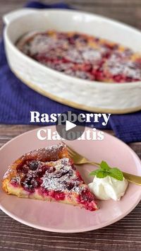 123K views · 1.3K reactions | Impress your guests with this Fancy French dessert, Raspberry Clafoutis (cla-fu-tee) ♥️

This is traditionally made with cherries but by swapping them out for frozen raspberries, you can enjoy this delicious dessert all year round. 

Save this recipe for the next you’re ebtertaining 👩🏼‍🍳

INGREDIENTS
• 10g butter
• 3 eggs
• ½ cup caster sugar
• 1 tsp vanilla essence
• 300ml milk
• ½ cup plain flour
• 2 cups frozen raspberries
• 1 Tbsp icing sugar

INSTRUCTIONS
1. Preheat the oven to 180°C fan bake. Grease a shallow baking dish with butter.
2. Whisk together the eggs, sugar and vanilla in a large mixing bowl. Pour in the milk and whisk again. Sift in the flour and mix until there are no lumps. 
3. Place half the raspberries in the base of the dish and pour o