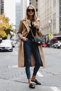 blonde woman wearing long camel coat black sweater topshop denim skinny jeans gucci black mules chanel black boy bag fashion jackson dallas blogger fashion blogger street style