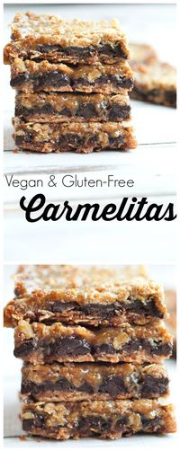 Vegan and gluten-free dessert idea! These Carmelitas are the BEST cookie bar you will ever sink your teeth into. Such a great dessert, would be great for a Thanksgiving or Christmas dessert.