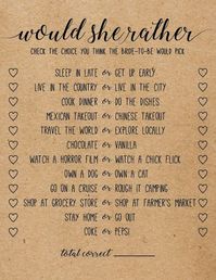 Would she rather printable bridal shower game