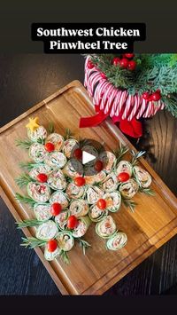 166K views · 22K reactions | Southwest Chicken Pinwheel Tree!🎄 So cute and delicious for holiday parties!! Really easy to make, no baking required! 

Ingredients:

8 oz cream cheese 
2 cups chicken (shredded)
1 cup shredded cheddar 
10 oz rotel (drained)
3 tablespoons sour cream
Handful of green onions 
Salt/Pepper/Garlic Powder 
5 large burrito sized spinach tortillas 

Garnishes: 
Cheddar cheese star
Fresh rosemary
grape tomatoes 

Directions: 

1. Add cream cheese, chicken, cheese, rotel, green onions, and seasonings into a large bowl. Mix with a hand mixer until combined. 
2. Spread onto each tortilla, giving about 1 inch of room around the outer edge. 
3. Stick in the freezer for at least 30 minutes, and then slice in 1” sections. 
4. Lay onto a serving tray in the shape of a tree, a