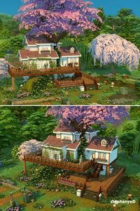 A pink treehouse for family, created this house build in The Sims 4. With 3 bedrooms and 3 bathrooms, it is created in Henford-on-Bagley from Cottage Living. The treehouse is having a lot of fun activities for the family of 5 to enjoy the farm and cottage life in the world.