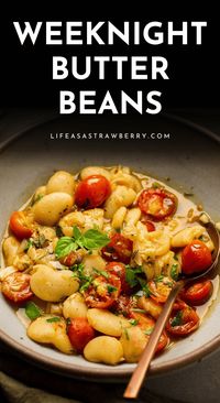 Brothy Weeknight Butter Beans - This easy butter bean stew is perfect for busy evenings! You just need a few ingredients and half an hour on the stove for this one pot dinner. Start by sauteeing some garlic and shallot, then stir in some veggies, red pepper flakes, and creamy canned butter beans. Simmer that all in a bit of veggie stock, then finish with lemon juice and plenty of fresh herbs. With how to photos and plenty of notes for ingredient substitutions!