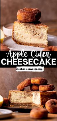 This apple cider cheesecake is an apple cider donut in cheesecake form! It has a graham cracker crust, apple cider baked cheesecake, apple cider cinnamon filling, and cinnamon sugar on top. This is the BEST dessert to enjoy apple season.