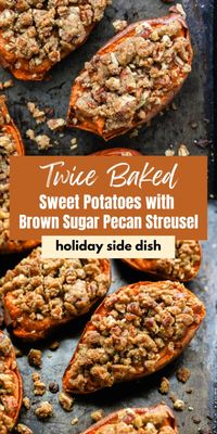 These twice baked sweet potatoes are a MUST MAKE this holiday season! They’re stuffed with a sweet maple & cinnamon filling and topped with the BEST crunchy brown sugar pecan streusel! Similar to sweet potato casserole, these personal-sized potatoes make a fun and easy Thanksgiving side dish.