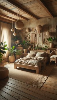 Cozy bedroom with warm, natural feel. Low wooden bed with plush beige bedding, surrounded by indoor plants. Woven wall hangings, wicker headboard, pendant lights. Woven jute rug, comfy wicker chair by window with light curtains. Serene, inviting ambiance.
#inspiration #interiorstyling #interior #interiordesigninspiration #interiordesignideas #interiorideas #interiorlove #interiordesigntrends #interiordesignerlife #design
#homebedroomrefresh
#homedesign
#homebedroomdecor