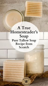 This pure tallow soap recipe uses only 100% tallow as the oil ingredient. Grass fed tallow fans will love this pure tallow soap recipe. It’s very easy, so it’s perfect for anyone wanting to learn how to make soap from scratch. It's super gentle, with rich, creamy lather. Great for the most sensitive skin! How to make pure tallow soap recipe for DIY skincare and natural bath and body recipes using essential oils, or unscented.