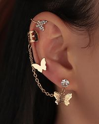 Stand out from the crowd with these stunning 3pcs rhinestone decor butterfly earrings & ear cuff set. crafted from durable alloy, these earrings & ear cuffs offer a unique street/urban fashion style that is perfect for any occasion.