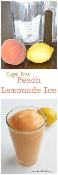 Only about 75 calories in this easy refreshing treat or snack. Sugar free Peach Lemonade Ice on chocolatesalad.com