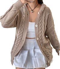 Upgrade your wardrobe with this stylish and versatile grandma style Plus Cable Knit Drop Shoulder Hooded Cardigan. The cozy knit fabric and relaxed fit make it perfect for any occasion, whether you're dressing up for work or keeping it casual on the weekends. With a trendy cable-knit pattern, long sleeves, and a button-up hoodie neckline, this cardigan is both fashionable and functional. It's made of high-quality polyester material that feels soft against the skin and is easy to care for. Available in a beautiful beige color, this cardigan is a must-have addition to your winter, fall, and spring wardrobe.