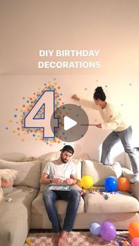 Cam Lee | Vancouver, Canada on Instagram: "How I made the number 4 wall decoration for my son’s 4th birthday 🎈  This was the first year my son knew the exact day of his birthday. He was counting down the days and was so excited the night before. We didn’t have much time to prep or grab supplies, but we knew we wanted to make it memorable! My son is obsessed with numbers and was so excited to be turning 4. So that’s how the #4 birthday wall decoration came about. We used supplies we already had at home, which were colored paper and a circle puncher from his previous birthday. We also saved the party hats from his previous birthday and added pom poms to them with a glue gun and put them on his stuffies. He woke up the next morning at 6am bright eyed and so excited, which brought us so much