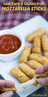 Want a convenient snack or appetizer? Keep some of these easy to make low carb gluten free mozzarella sticks in your freezer for a quick bite any time. | LowCarbYum.com via @lowcarbyum