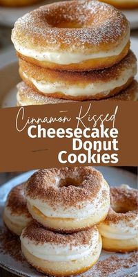 Cinnamon Kissed Cheesecake Donut Cookies  Ingredients:  For the Dough: 1 cup unsalted butter, softened 1 cup granulated sugar 2 large eggs 1 tsp vanilla extract 3 cups all-purpose flour 1 tsp baking powder 1/2 tsp salt  For the Cheesecake Filling: 8 oz cream cheese, softened 1/4 cup granulated sugar 1 tsp vanilla extract  For the Cinnamon Sugar Coating: 1 cup granulated sugar 1 tbsp ground cinnamon  For the Caramel Sauce (optional): 1 cup caramel sauce  #Cinnamon #Cheesecake #Donut #Cookies