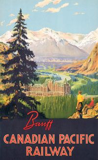 Vintage Canadian travel poster for Banff and the Banff Springs Hotel, circa 1930s. The Banff Springs Hotel opened in Banff in 1888 and was built for the Canadian Pacific Railway company to promote luxury tourism in Canada. Illustrated by Percy Trompf. (Banff Springs Hotel poster - Vintage Travel Posters)