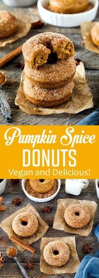 These Cinnamon Sugar Pumpkin Spice Donuts are the perfect way to welcome fall! They're warm-spiced, pumpkiny, vegan and delicious! #vegan #pumpkinspice #donuts #doughnuts #fallrecipes #vegandonuts #veganhuggs #pumkindonuts