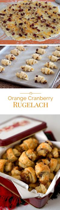 This easy-to-make Orange Cranberry Rugelach is a crisp, flaky pastry spread with orange marmalade, tart dried cranberries and chopped toasted pecans, then rolled up in a pretty crescent shape.