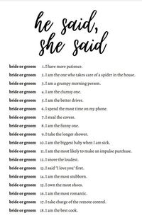 How well do your guests know the newlyweds or future Mr. and Mrs.? This game is perfect for a bridal shower, cocktail hour or at the table during the reception. The options are endless. Have your wedding guest fill this out during cocktail hour, and then after dinner play the shoe game, where both the bride and groom have one of each of their shoes to hold up as a response to these statements. Guests then could win a prize. This will give you instant access to a pdf of the game sheets. There are