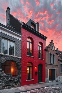 This two-story dark red home features elegant arch doors and windows that add a classic touch to its design.