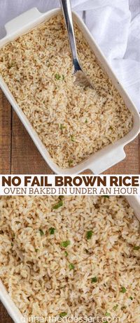 Perfect Brown Rice made in your oven with a no-fail time tested method that is so easy even non-cooks love this recipe for dinner or meal prep! #dinner #Chinese #brownrice #bakedrice #rice #dinnerthendessert