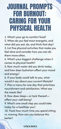 Explore these journal prompts designed to guide you in caring for your physical health and combatting burnout. Taking the time to reflect and set intentions can be powerful steps towards prioritizing self-care. Start journaling today to boost your well-being!