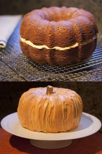 To make a pumpkin #cake: Bake 2 spice or pumpkin flavored bundt cakes. Turn one over & frost with orange colored vanilla frosting. Place 2nd cake on top and frost both. Use whatever you'd like as the stem. That's it! #Halloween #thanksgiving