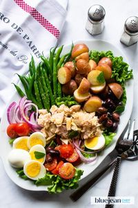 A Niçoise salad is the ultimate composed salad where all the ingredients are kept in separate components rather than tossed together. Canned tuna, potatoes, green beans, hardboiled eggs and tomatoes are the main ingredients. All drizzled with a lemon-shallot vinaigrette. So delicious! You will feel sophisticated and spoiled when you serve this salad!