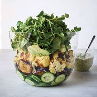 Roasted Eggplant and Cauliflower Salad with Tahini Green Goddess Dressing