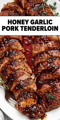 The juiciest pork tenderloin recipe that's seasoned with a flavorful spice rub, seared to a golden crust, and baked with the best honey garlic sauce. Perfect for a weeknight dinner or Christmas dinner!